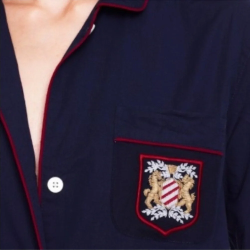 J.Crew Navy Embroidered Emblem Pajama Shirt Top